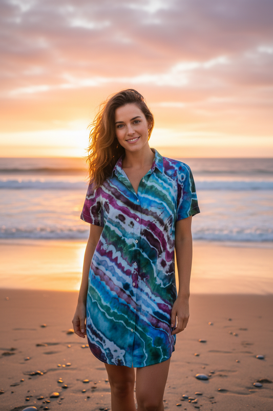 Beautiful model wearing geode tie-dye dress - shorter length - beach sunset
