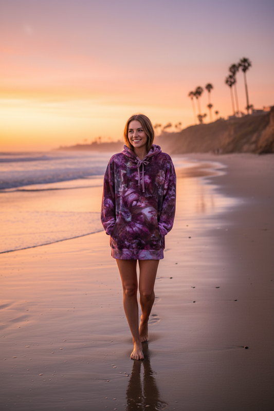 Purple grey hoodie white woman - beach sunset shoreline
