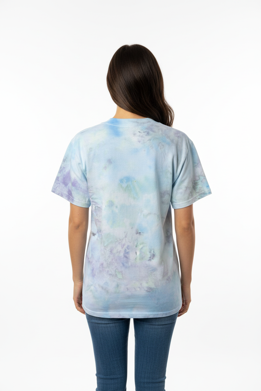 Female model back view - soft pastel ice-dyed shirt