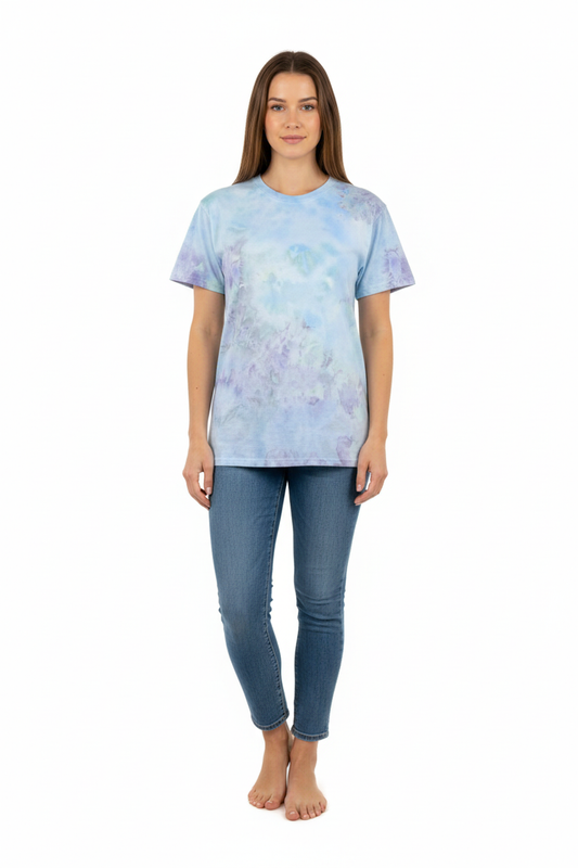 Female model front view - soft pastel ice-dyed shirt