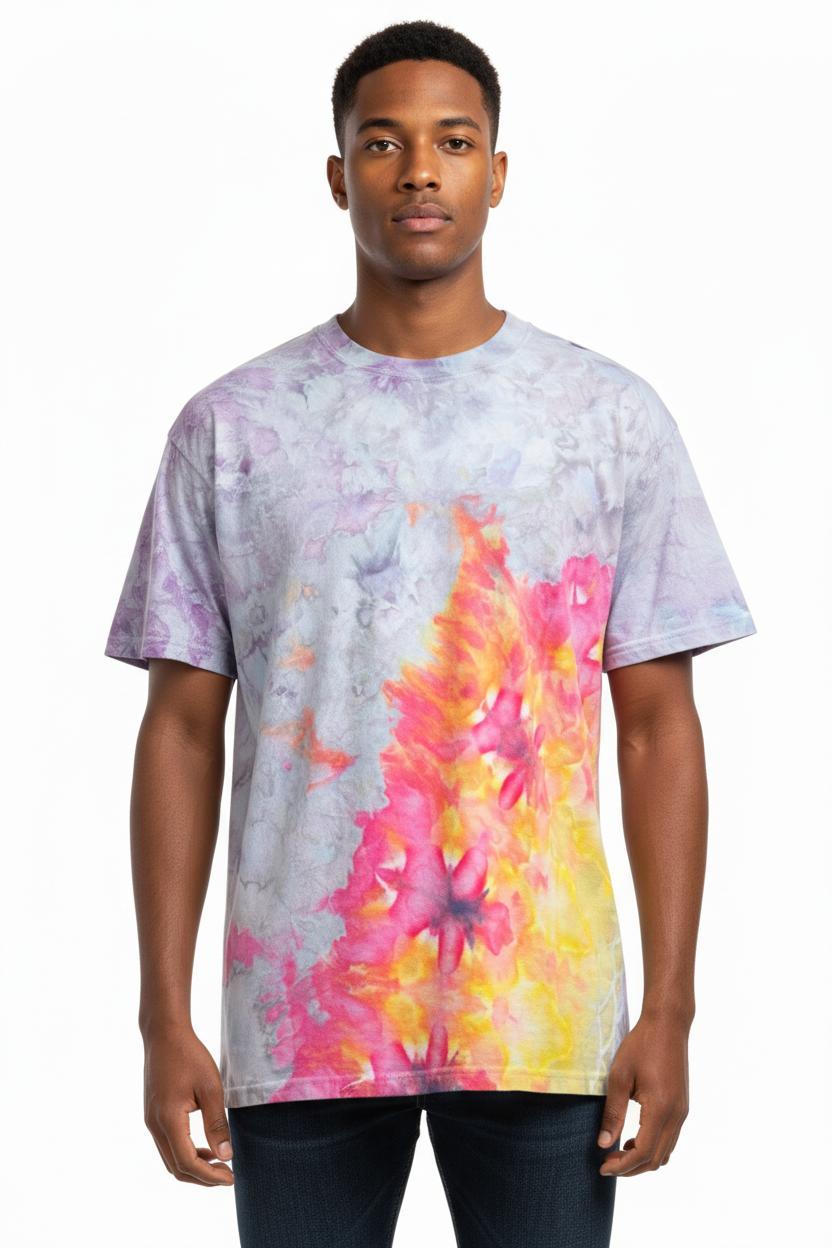 Male model closer view - detailed ice-dyed shirt