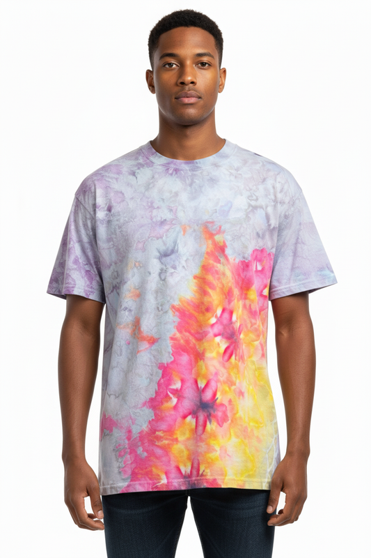 Male model closer view - detailed ice-dyed shirt