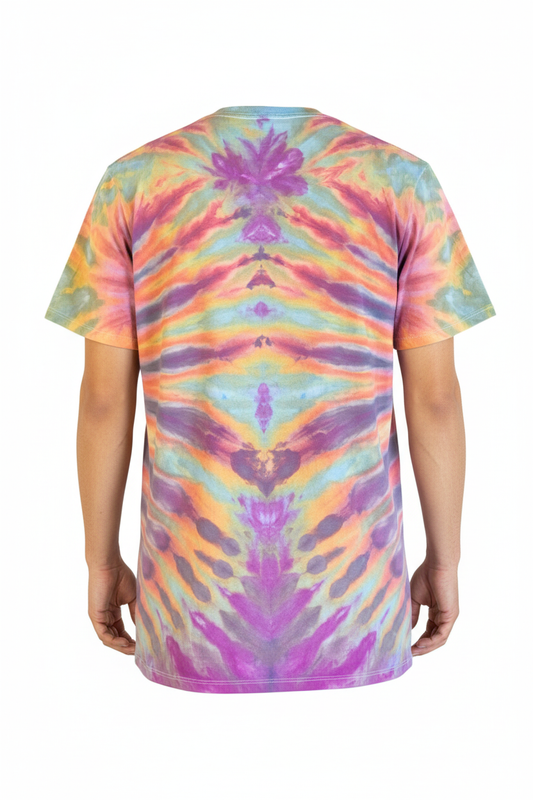 Model back view - rainbow heart tie-dye shirt