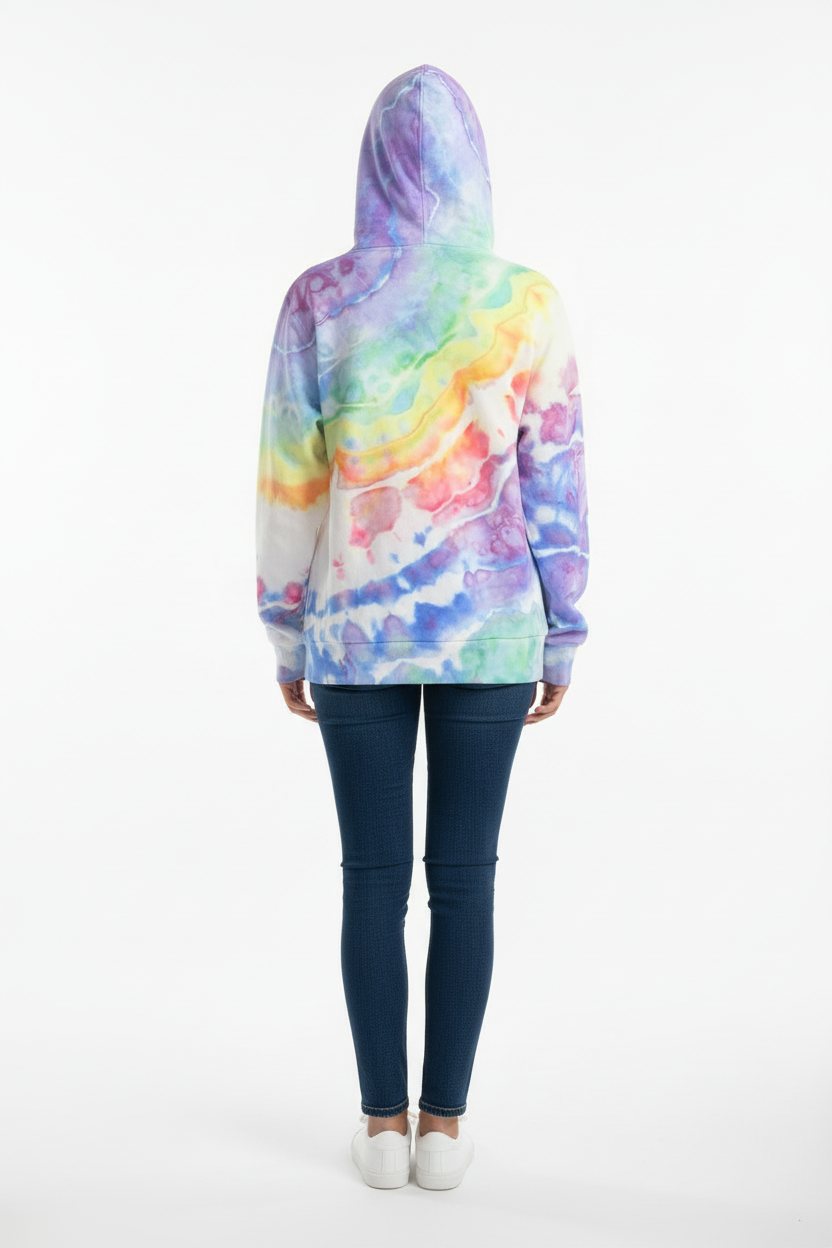 Model back view - rainbow ice-dyed hoodie