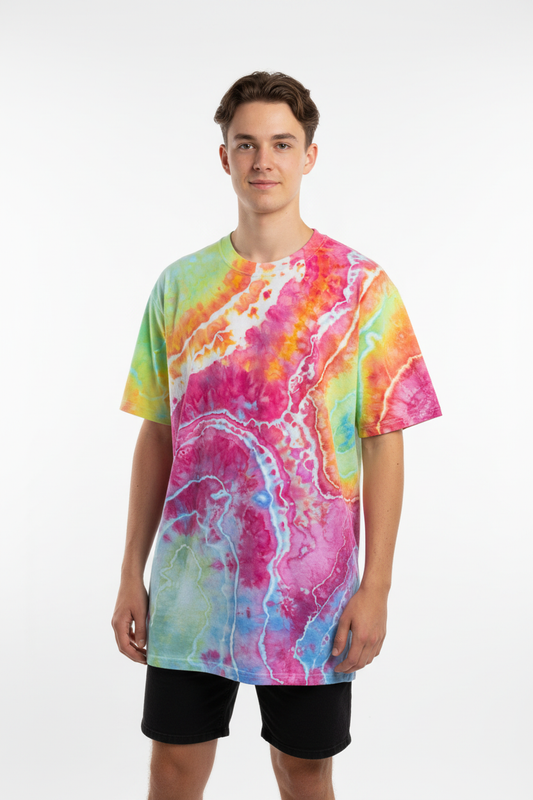 Model front view - ice-dyed geode shirt
