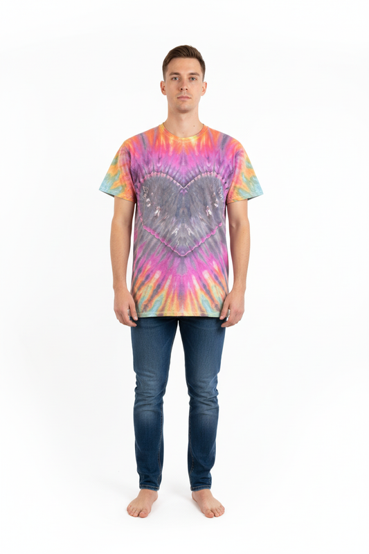 Model front view - rainbow heart tie-dye shirt