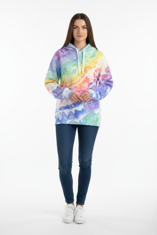 Model front view - rainbow ice-dyed hoodie