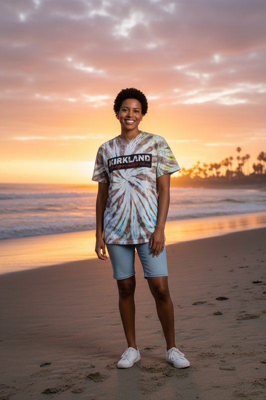 Model wearing rainbow split swirl tie-dye t-shirt - beach sunset