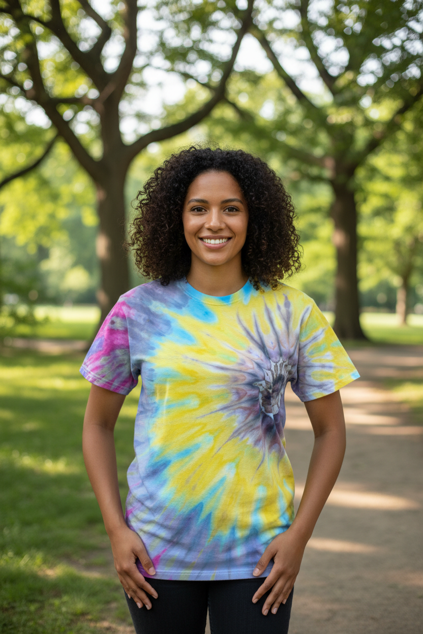 Model wearing sunflower tie-dye t-shirt - accurate colors