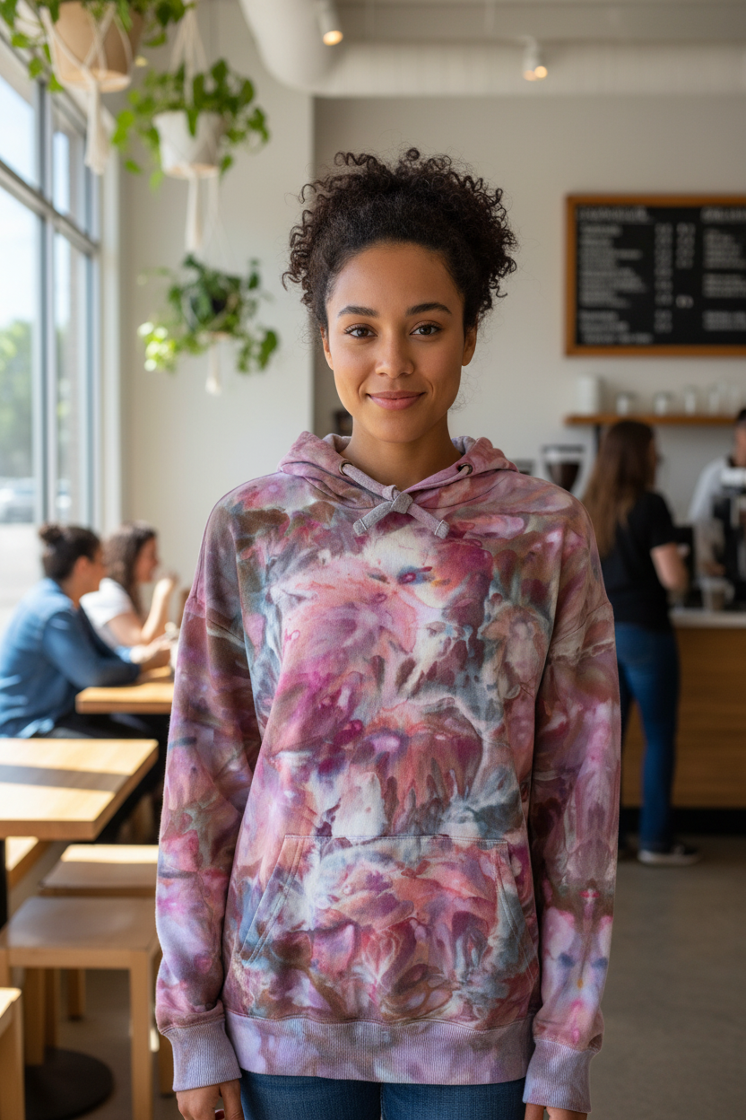 Model wearing tie-dye hoodie - front view