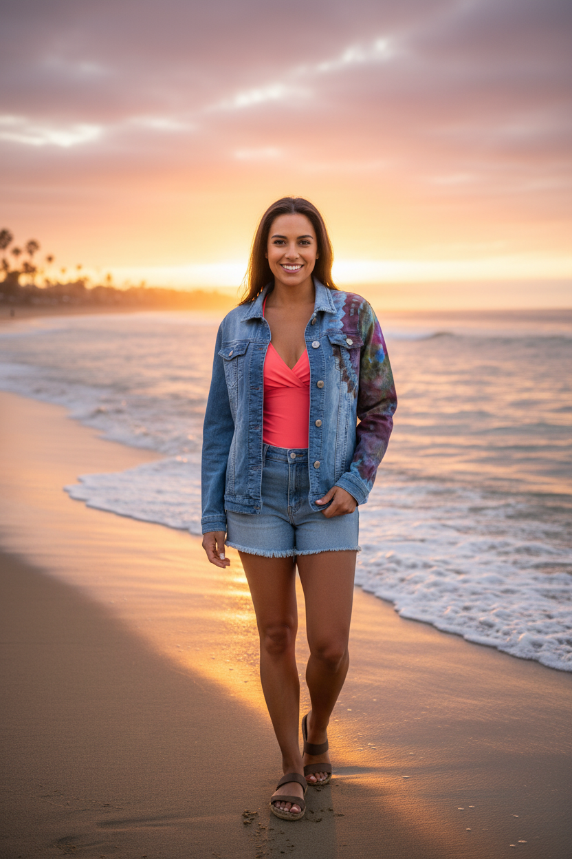 Model wearing tie-dye jean jacket - California sunset beach