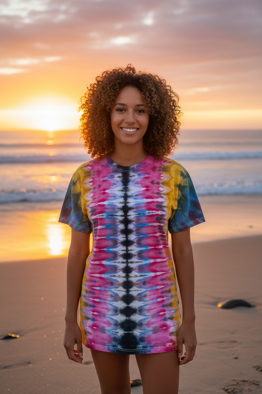 Model wearing tie-dye t-shirt - beach sunset